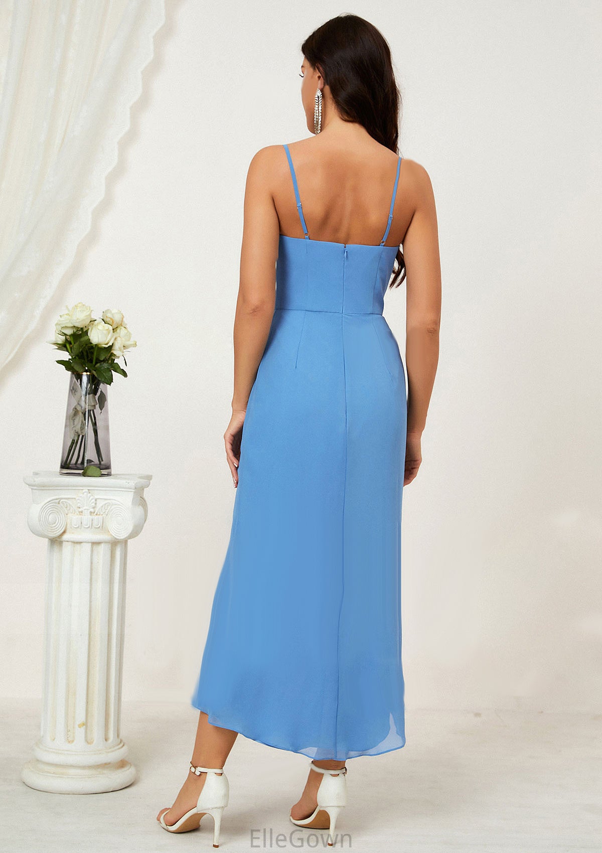 Sheath/Column Sweetheart Sleeveless Chiffon Asymmetrical Bridesmaid Dresses With Pleated Split Minnie DEP0025359