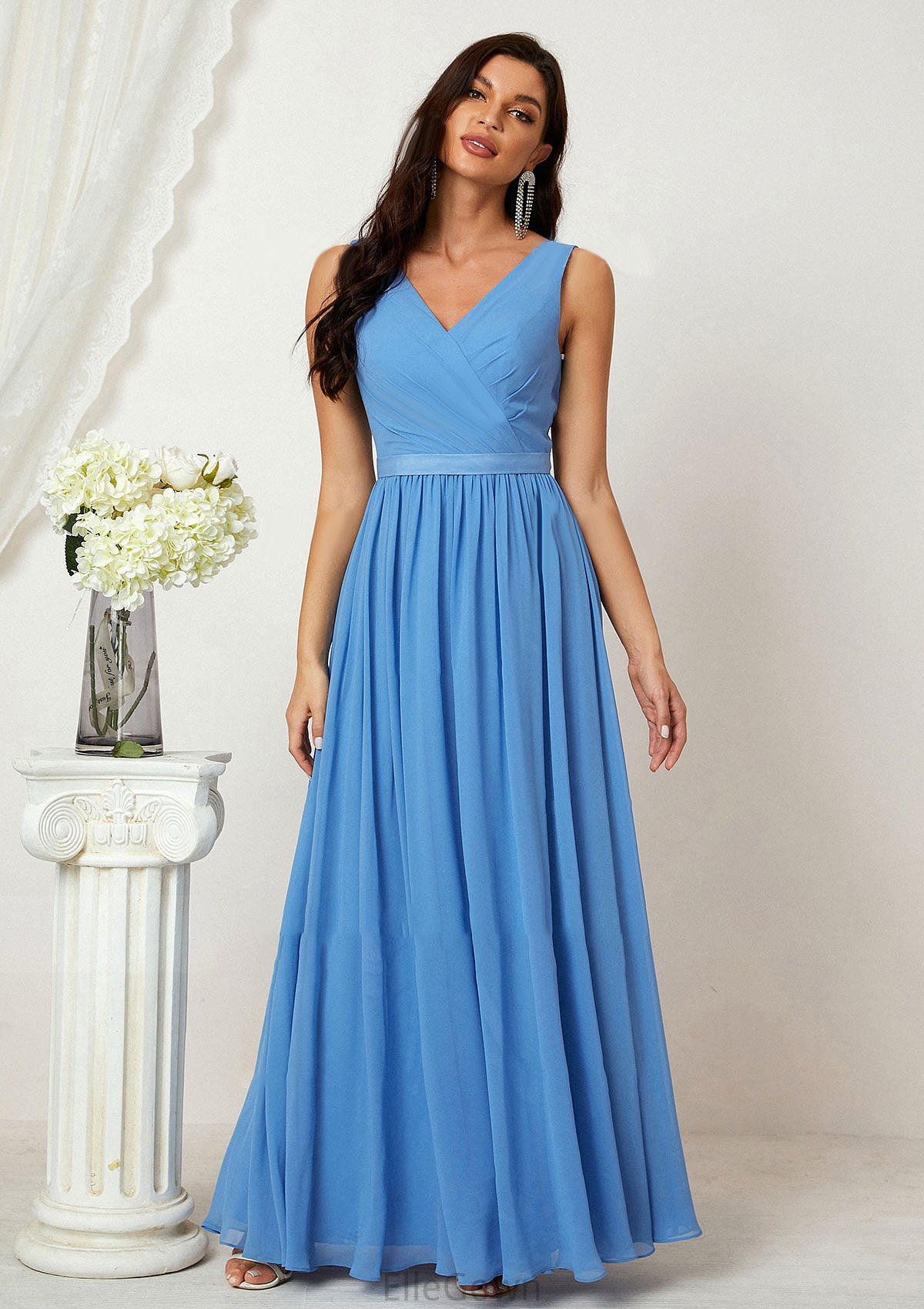 A-line V Neck Sleeveless Chiffon Long/Floor-Length Bridesmaid Dresses With Pleated Jaqueline DEP0025360