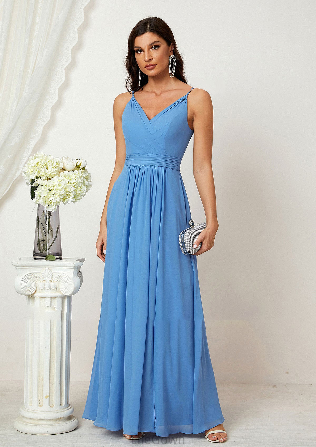 A-line V Neck Sleeveless Chiffon Long/Floor-Length Bridesmaid Dresses With Split Pleated Sheila DEP0025362