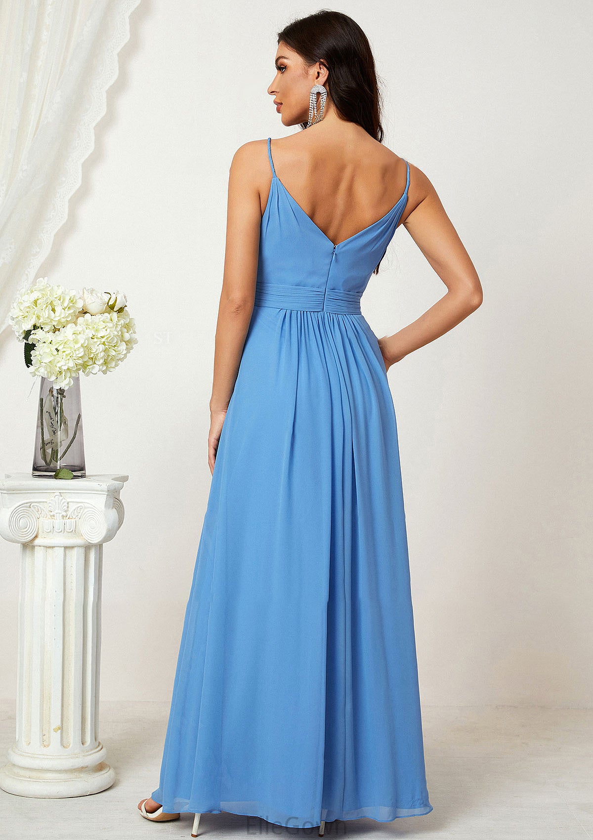 A-line V Neck Sleeveless Chiffon Long/Floor-Length Bridesmaid Dresses With Split Pleated Sheila DEP0025362