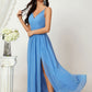 A-line V Neck Sleeveless Chiffon Long/Floor-Length Bridesmaid Dresses With Split Pleated Sheila DEP0025362