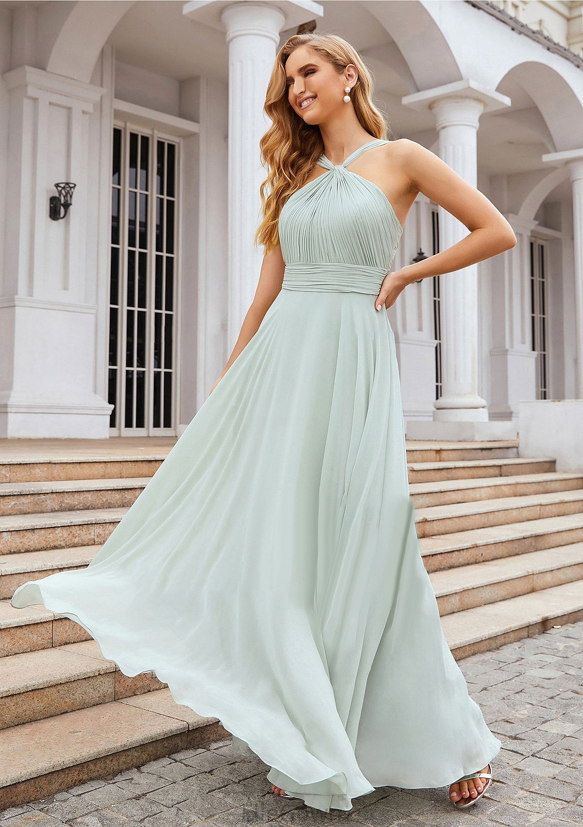 A-line Scalloped Neck Sleeveless Long/Floor-Length Chiffon Bridesmaid Dresses With Pleated Phoebe DEP0025366