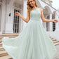 A-line Scalloped Neck Sleeveless Long/Floor-Length Chiffon Bridesmaid Dresses With Pleated Phoebe DEP0025366