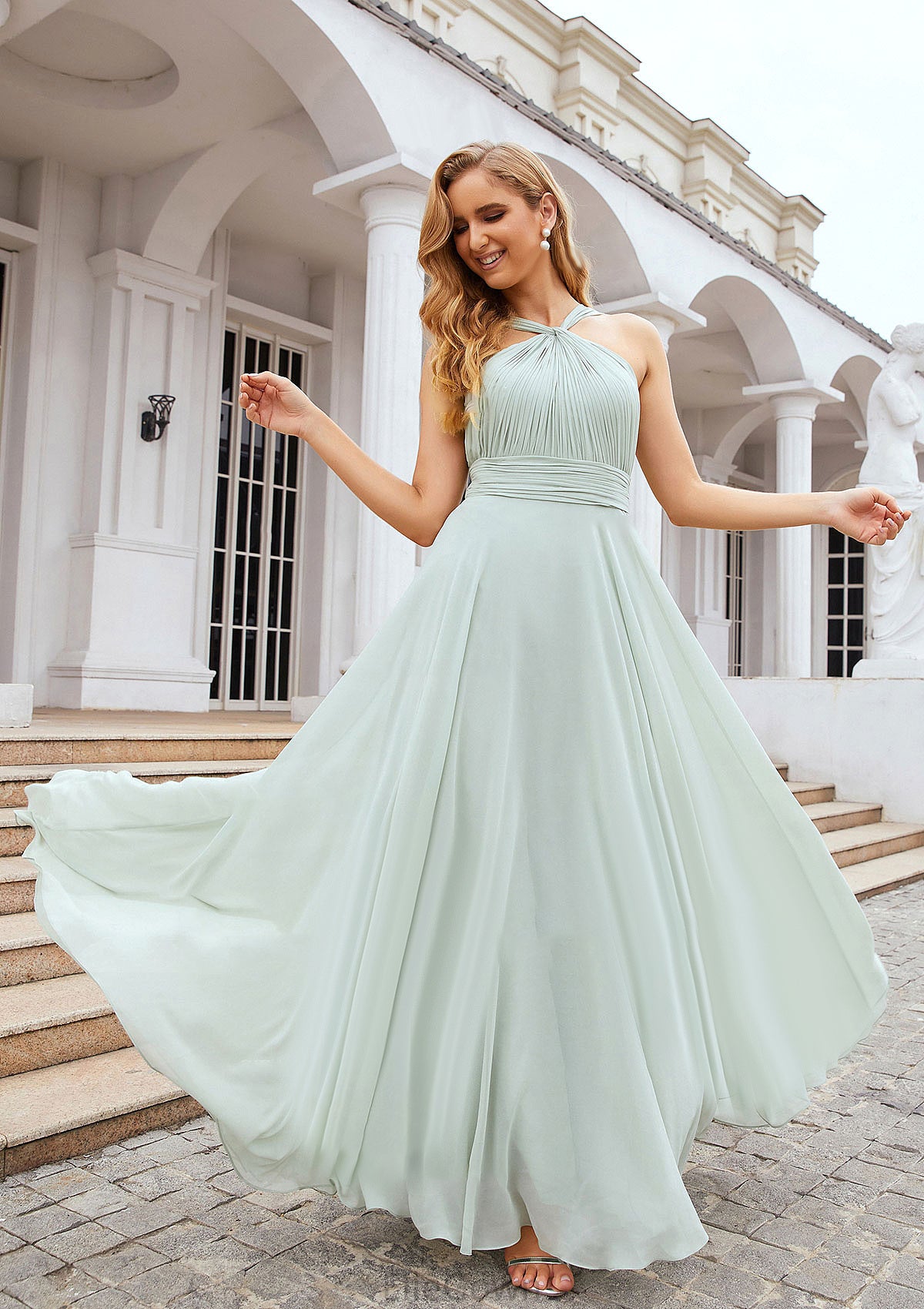 A-line Scalloped Neck Sleeveless Long/Floor-Length Chiffon Bridesmaid Dresses With Pleated Phoebe DEP0025366