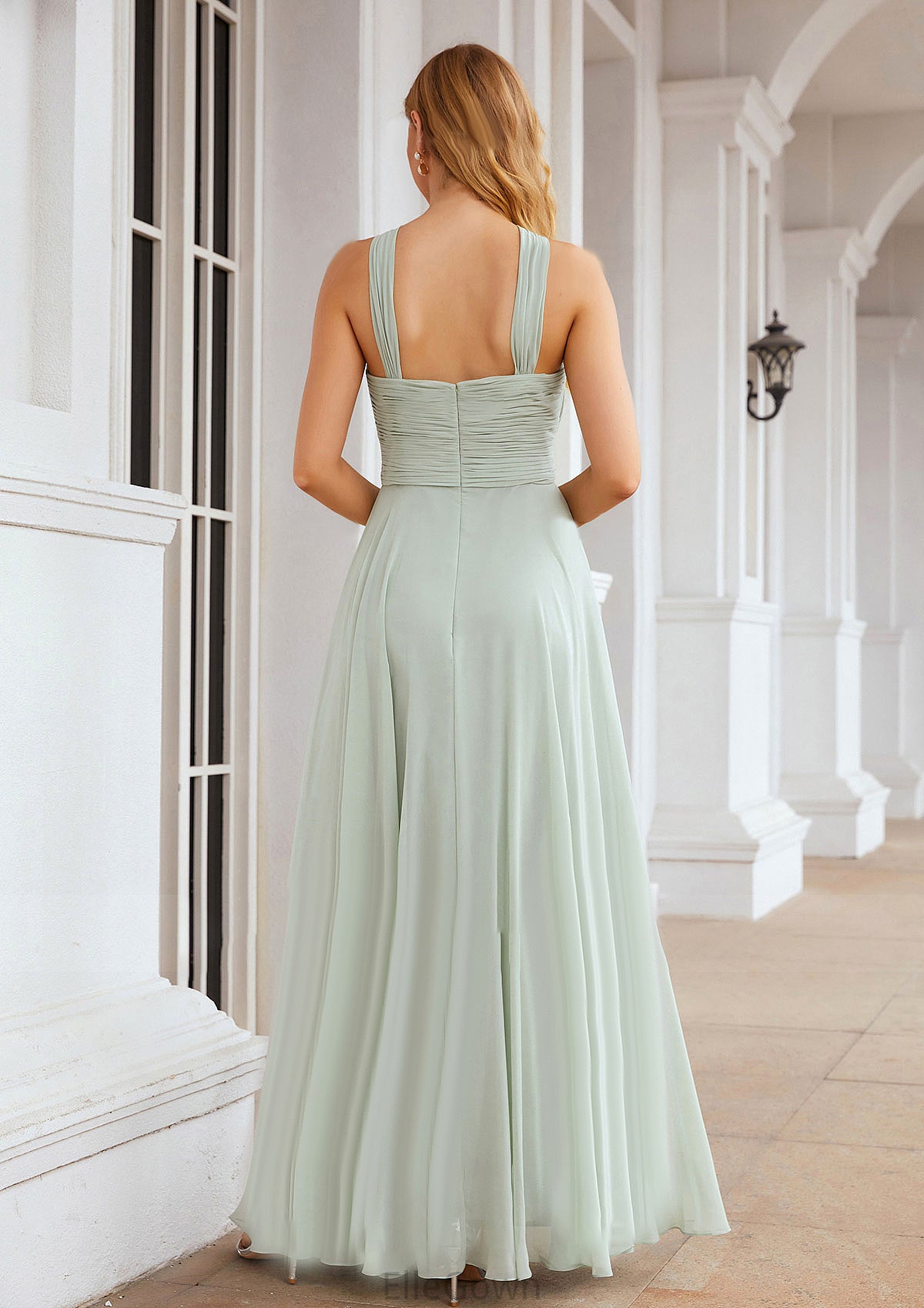 A-line Scalloped Neck Sleeveless Long/Floor-Length Chiffon Bridesmaid Dresses With Pleated Phoebe DEP0025366