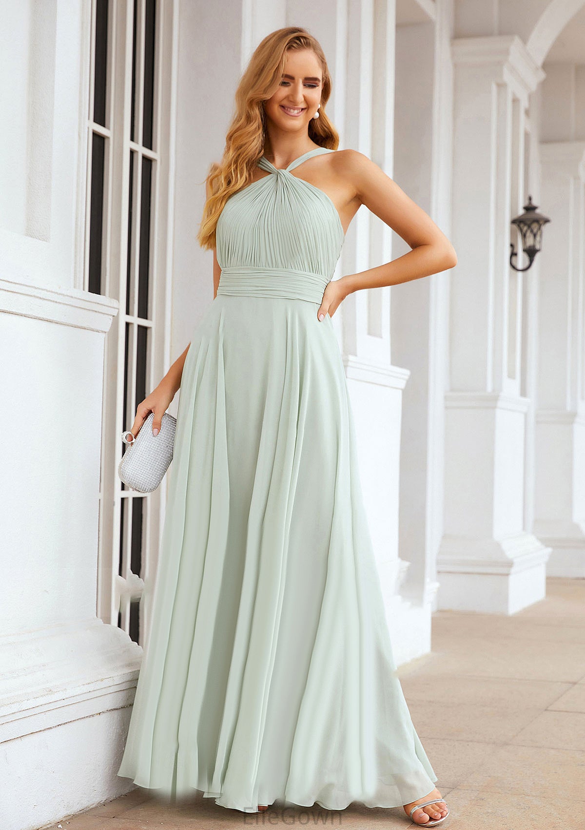 A-line Scalloped Neck Sleeveless Long/Floor-Length Chiffon Bridesmaid Dresses With Pleated Phoebe DEP0025366