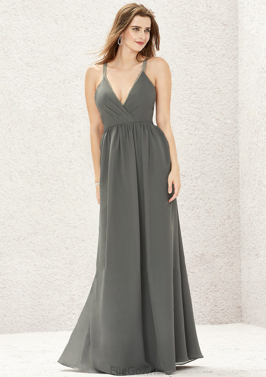 A-line V Neck Sleeveless Chiffon Long/Floor-Length Bridesmaid Dresses With Pleated Lace Jaylene DEP0025367