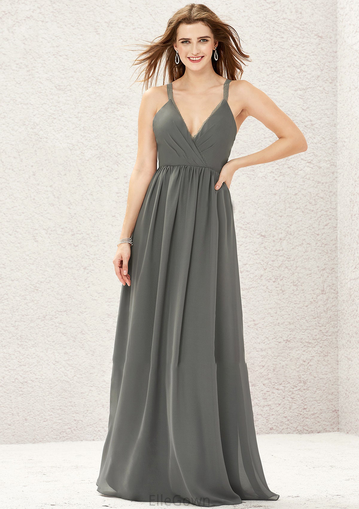 A-line V Neck Sleeveless Chiffon Long/Floor-Length Bridesmaid Dresses With Pleated Lace Jaylene DEP0025367