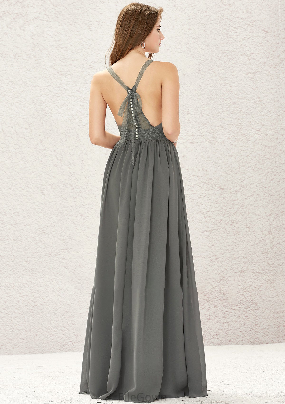 A-line V Neck Sleeveless Chiffon Long/Floor-Length Bridesmaid Dresses With Pleated Lace Jaylene DEP0025367