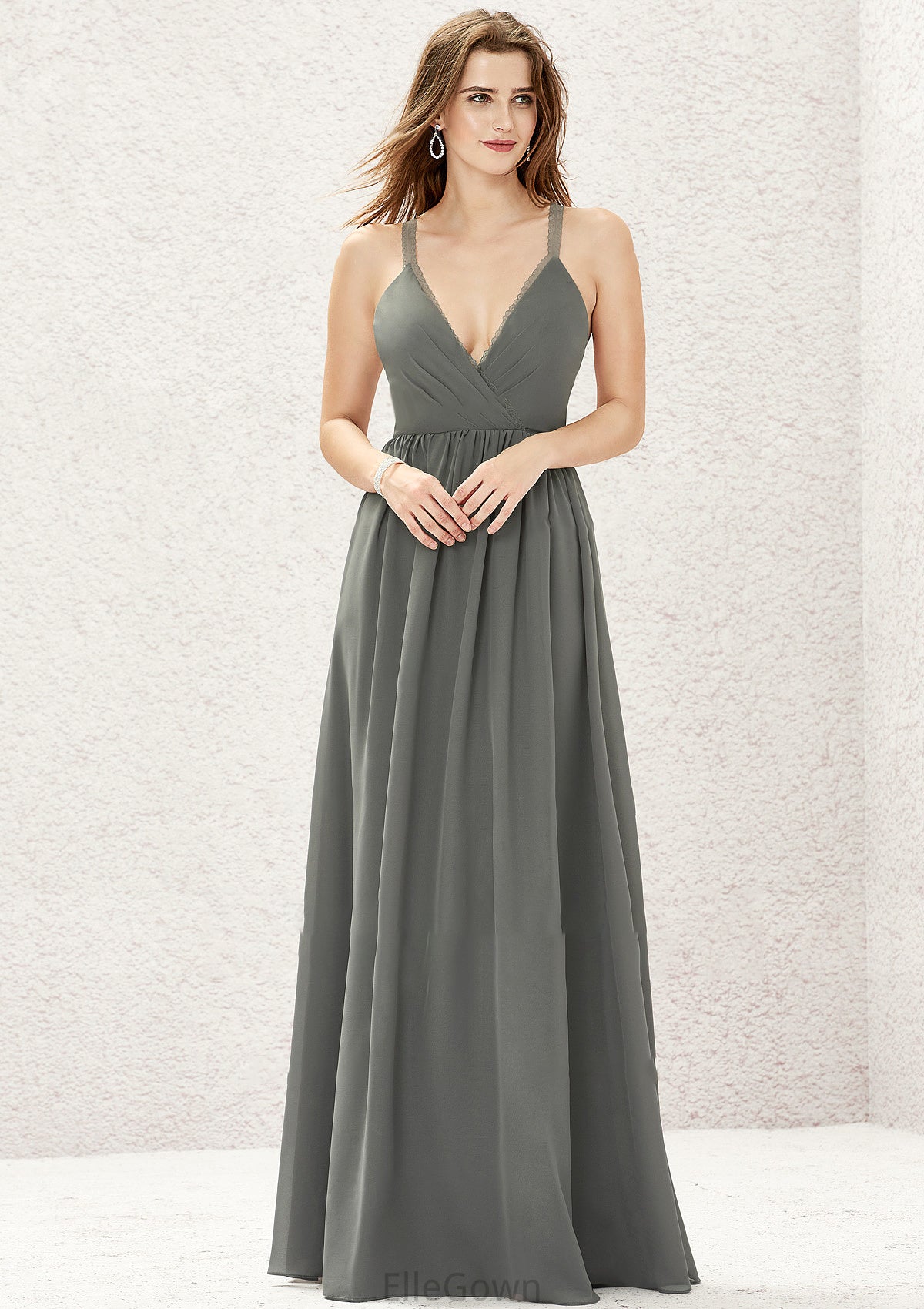 A-line V Neck Sleeveless Chiffon Long/Floor-Length Bridesmaid Dresses With Pleated Lace Jaylene DEP0025367