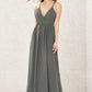 A-line V Neck Sleeveless Chiffon Long/Floor-Length Bridesmaid Dresses With Pleated Lace Jaylene DEP0025367