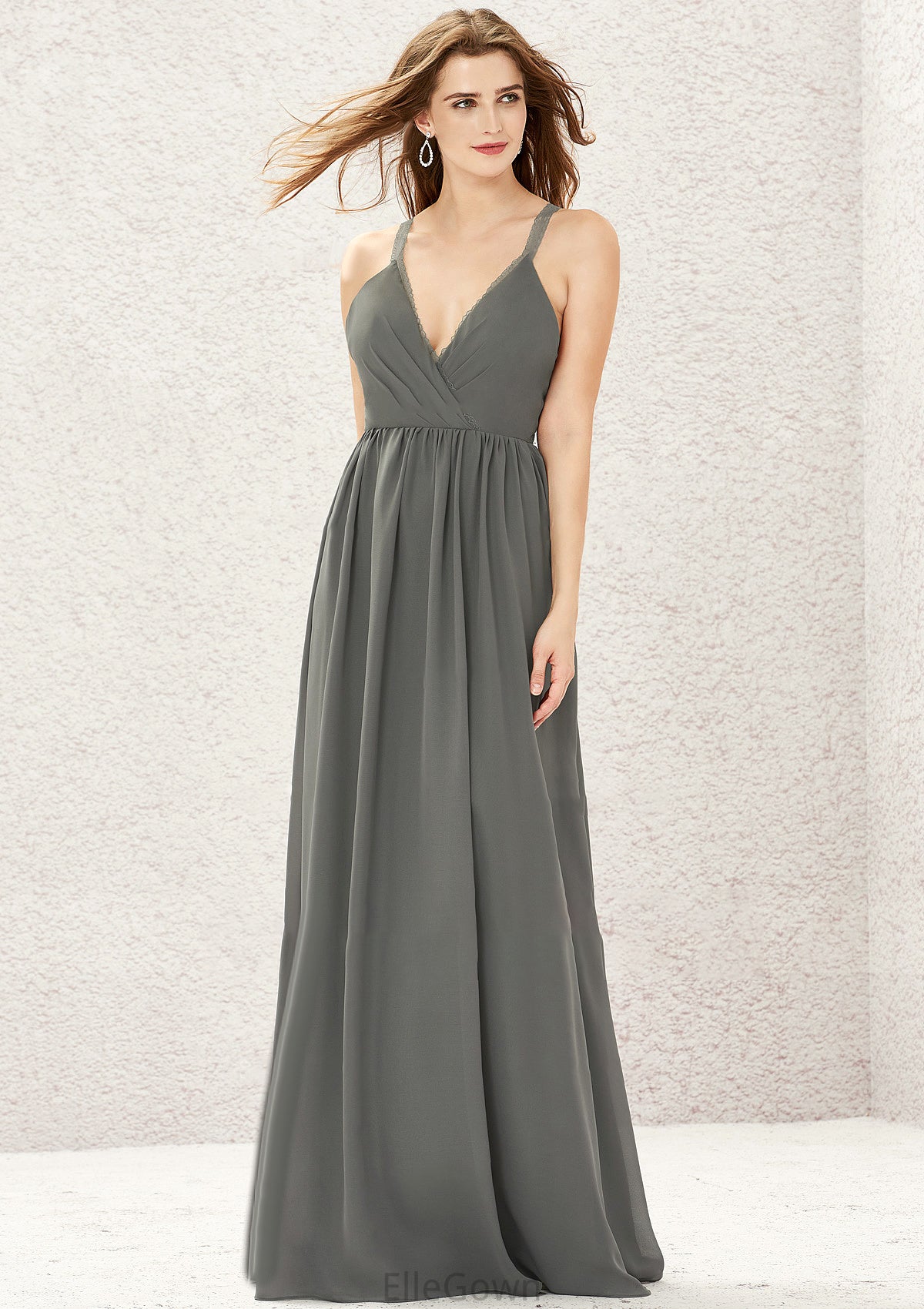 A-line V Neck Sleeveless Chiffon Long/Floor-Length Bridesmaid Dresses With Pleated Lace Jaylene DEP0025367