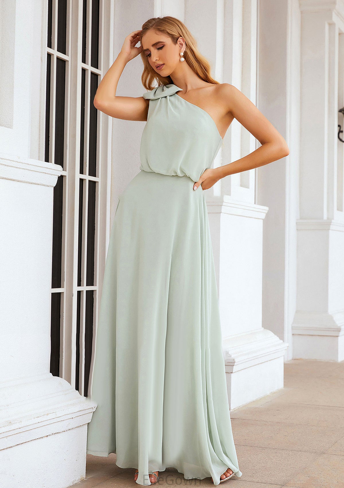 A-line One-Shoulder Sleeveless Long/Floor-Length Chiffon Bridesmaid Dresses With Shoulder Flower Lesly DEP0025369