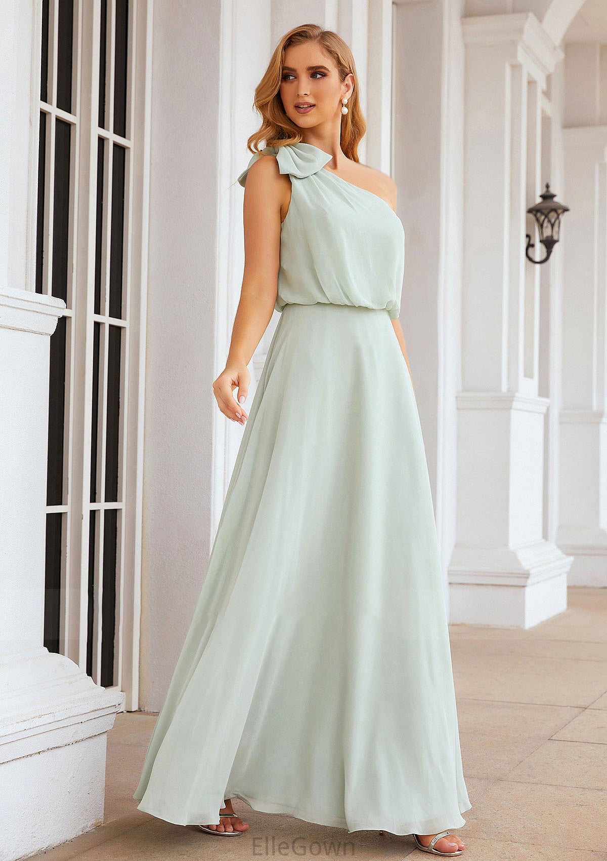 A-line One-Shoulder Sleeveless Long/Floor-Length Chiffon Bridesmaid Dresses With Shoulder Flower Lesly DEP0025369