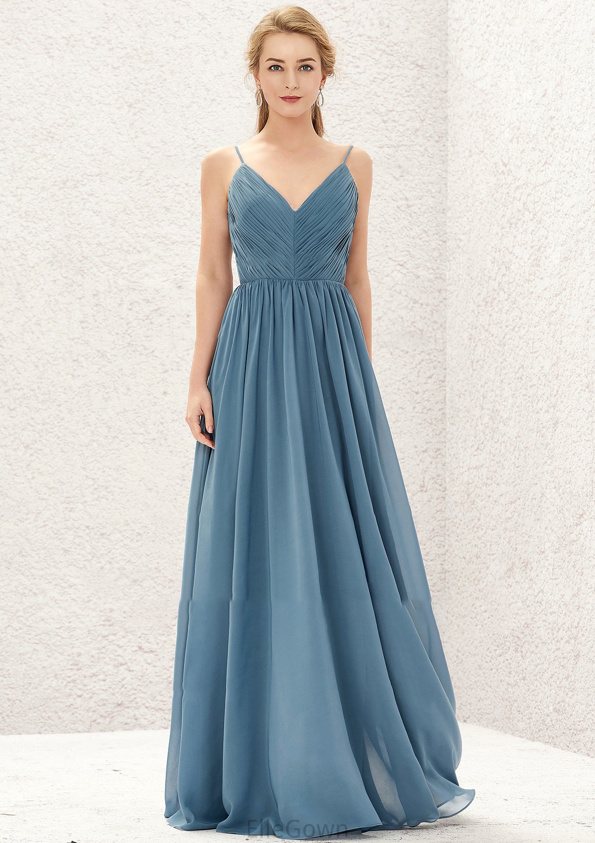 A-line V Neck Sleeveless Chiffon Long/Floor-Length Bridesmaid Dresses With Pleated Aylin DEP0025370