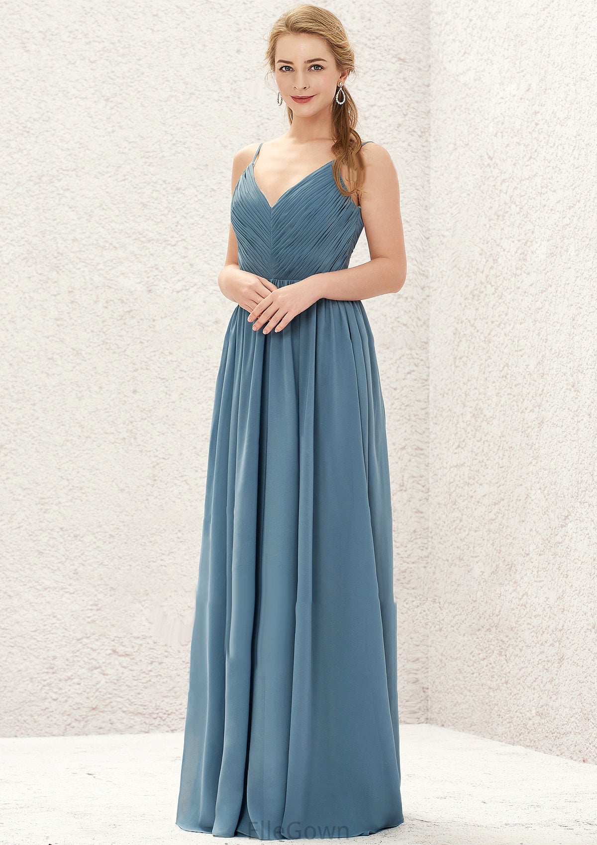 A-line V Neck Sleeveless Chiffon Long/Floor-Length Bridesmaid Dresses With Pleated Aylin DEP0025370