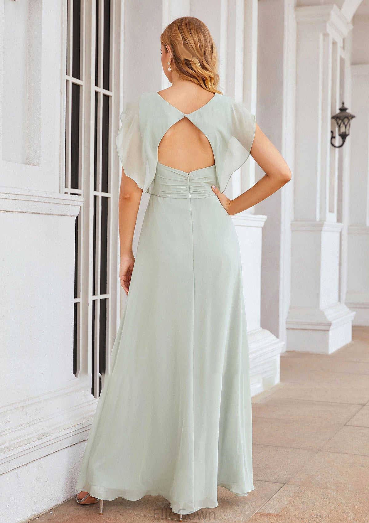 A-line V Neck Sleeveless Long/Floor-Length Chiffon Bridesmaid Dresses With Pleated Split Avery DEP0025372