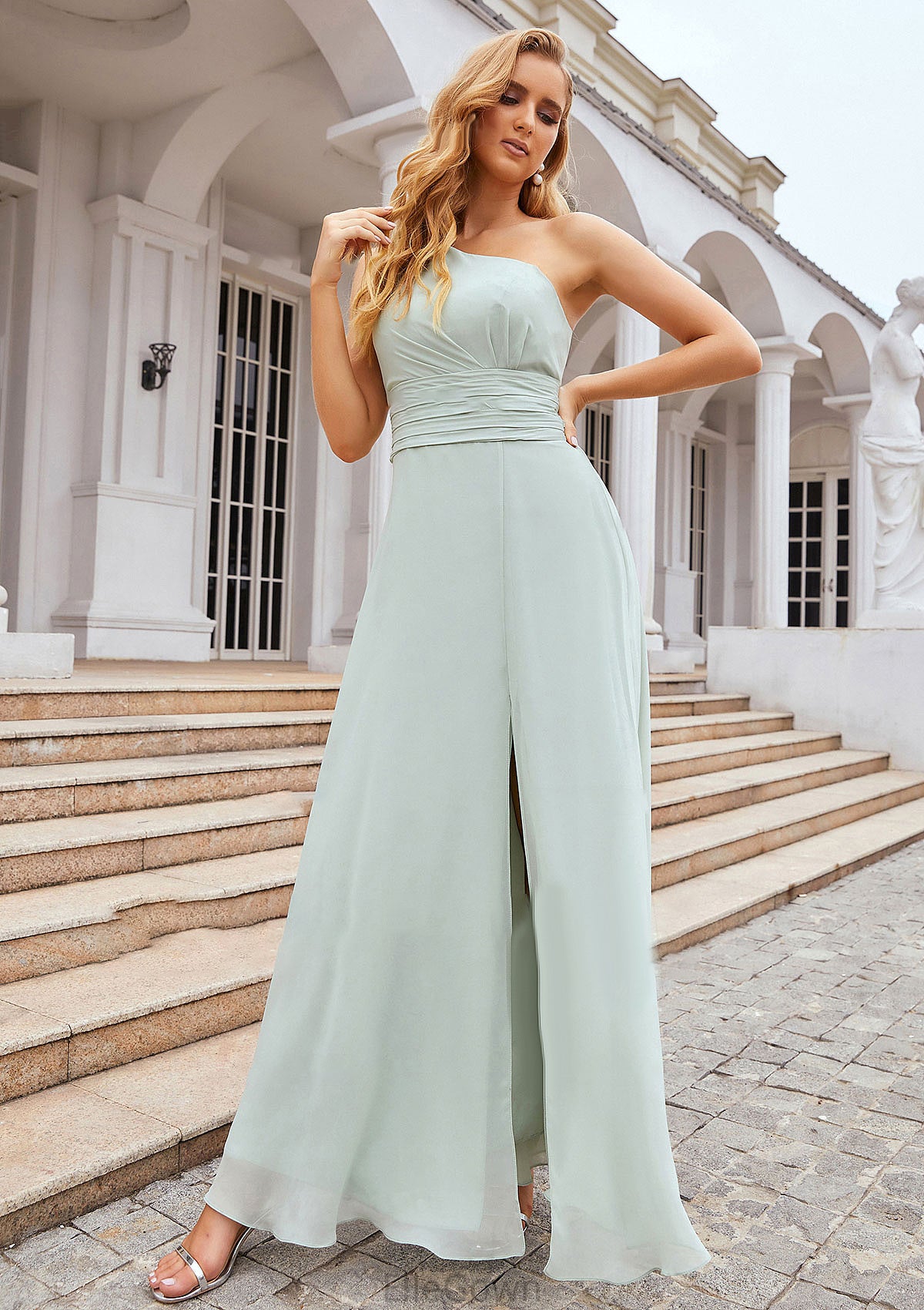 Sheath/Column One-Shoulder Sleeveless Long Chiffon Bridesmaid Dresseses With Pleated Waistband Split Kristen DEP0025373