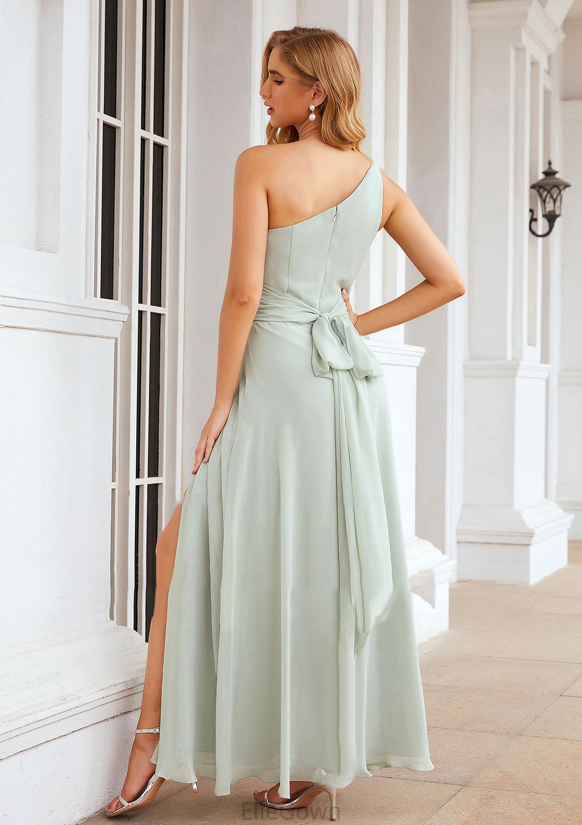 Sheath/Column One-Shoulder Sleeveless Long Chiffon Bridesmaid Dresseses With Pleated Waistband Split Kristen DEP0025373