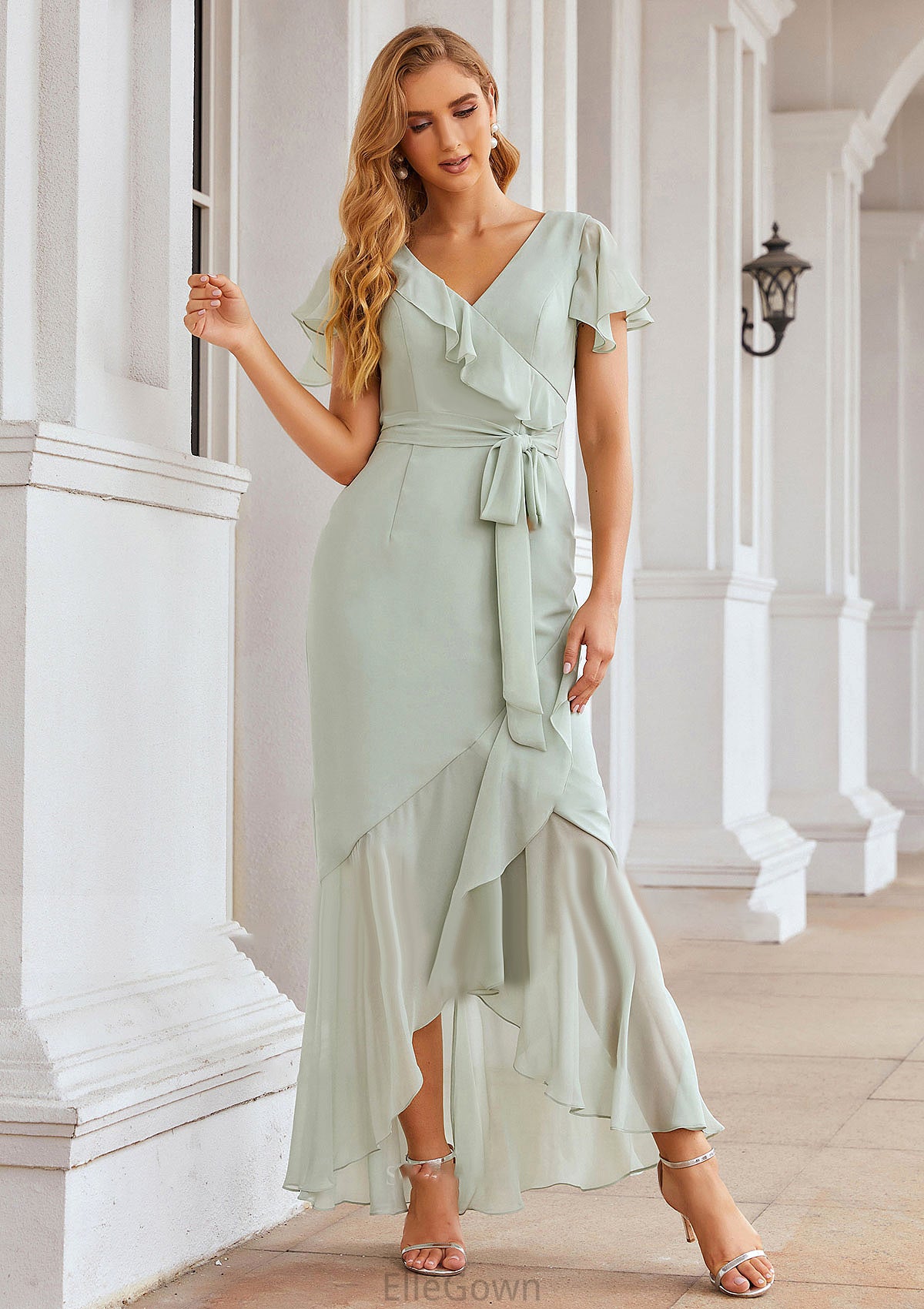 Sheath/Column V Neck Short Sleeve Asymmetrical Chiffon Bridesmaid Dresses With Ruffles Waistband Split Savannah DEP0025375