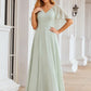 A-line V Neck Short Sleeve Long/Floor-Length Chiffon Bridesmaid Dresses Kenley DEP0025376