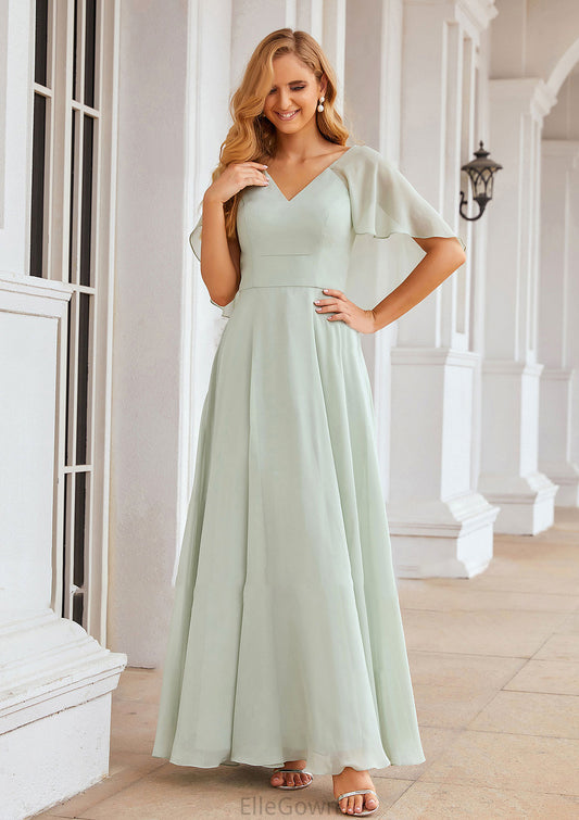 A-line V Neck Short Sleeve Long/Floor-Length Chiffon Bridesmaid Dresses Kenley DEP0025376