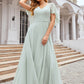 A-line V Neck Short Sleeve Long/Floor-Length Chiffon Bridesmaid Dresses Kenley DEP0025376