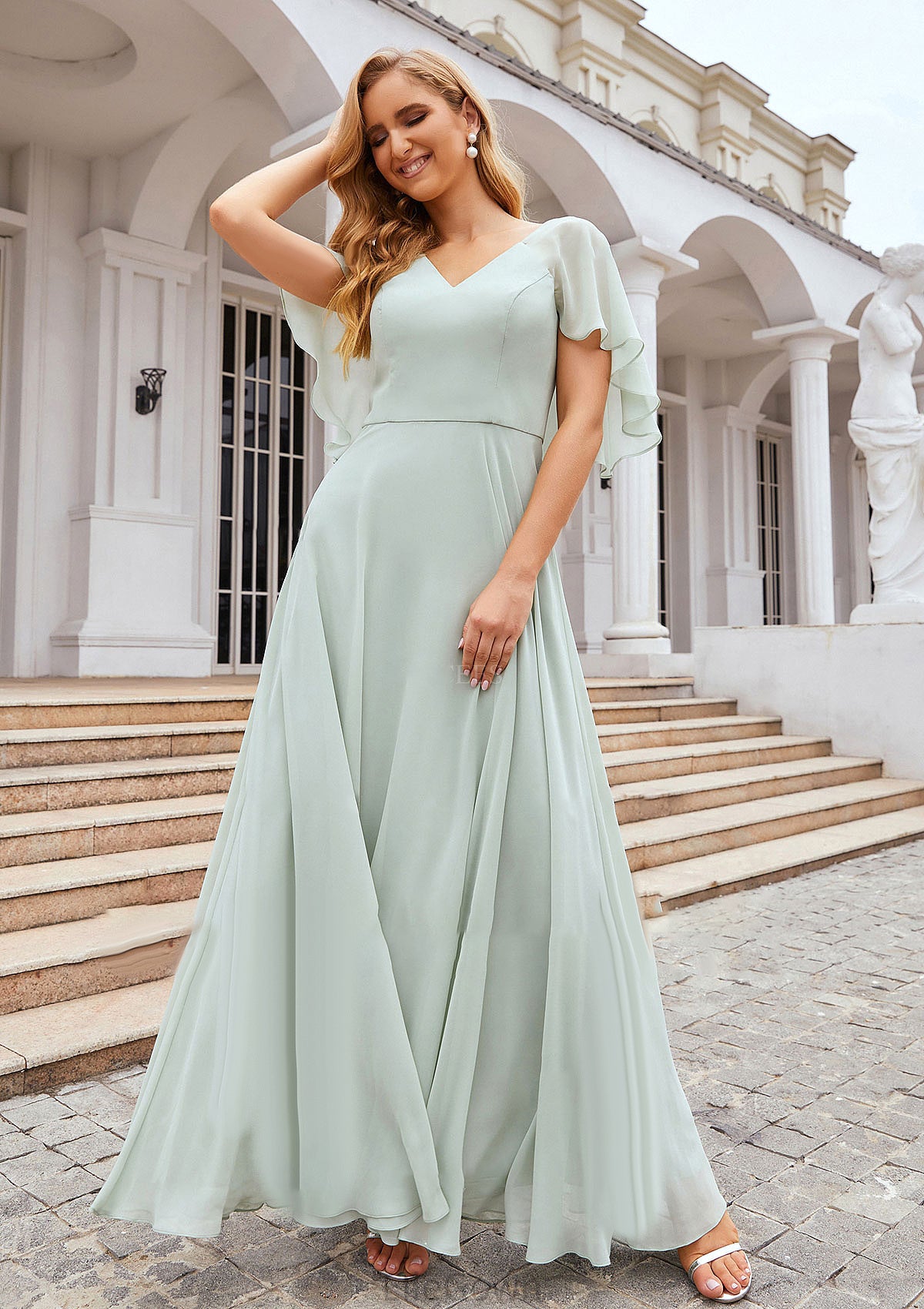 A-line V Neck Short Sleeve Long/Floor-Length Chiffon Bridesmaid Dresses Kenley DEP0025376