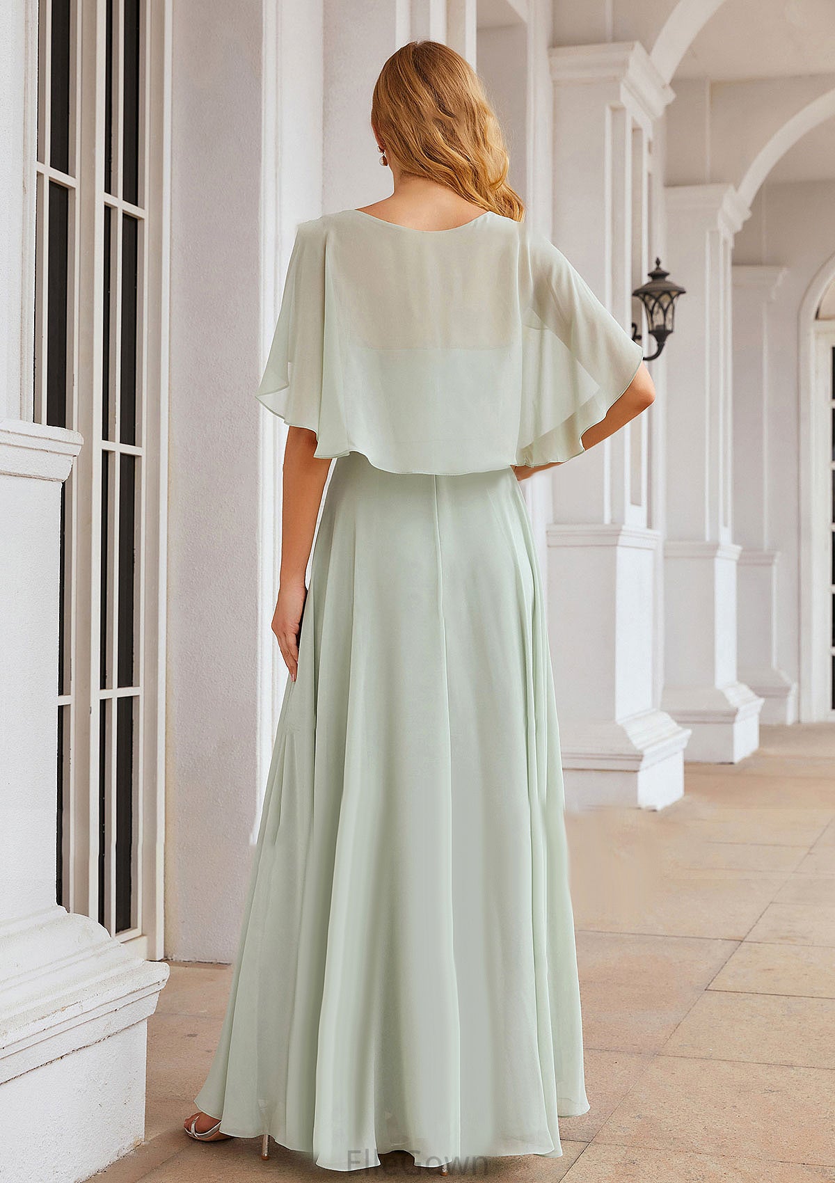 A-line V Neck Short Sleeve Long/Floor-Length Chiffon Bridesmaid Dresses Kenley DEP0025376