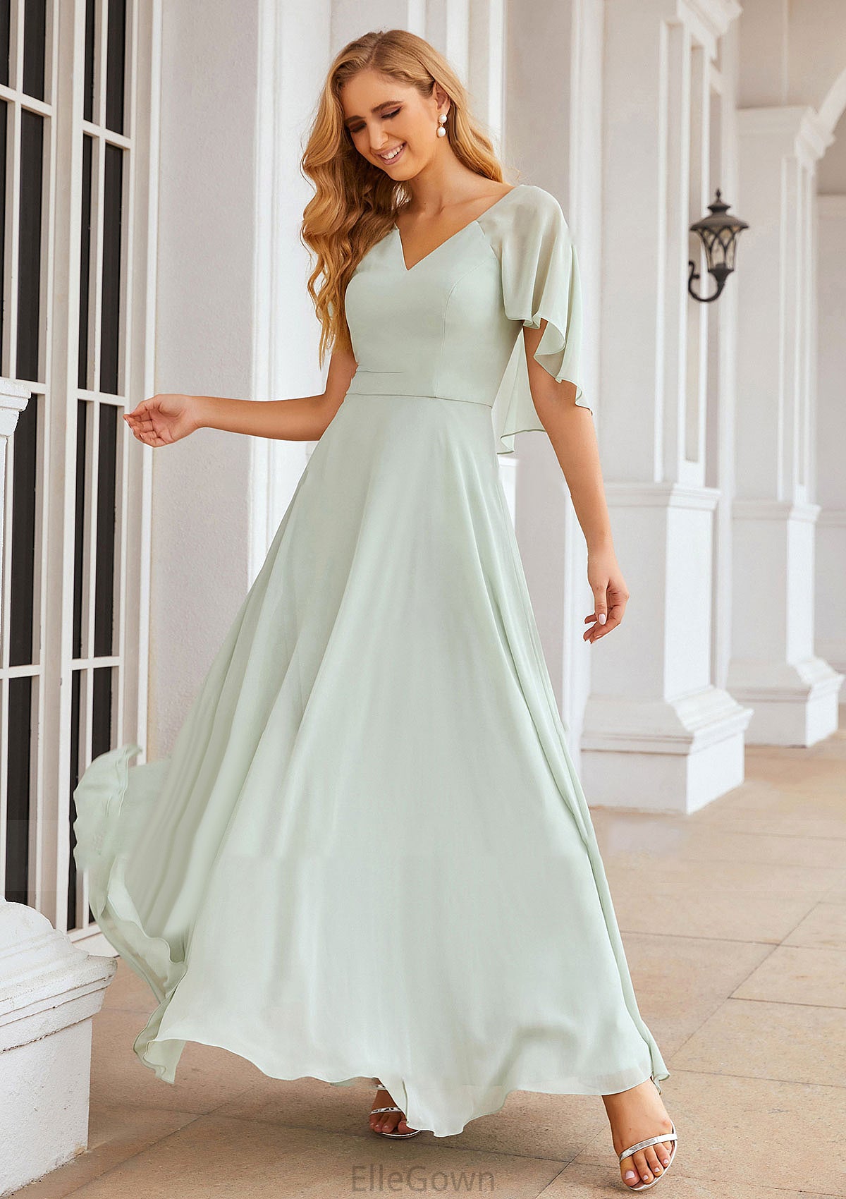 A-line V Neck Short Sleeve Long/Floor-Length Chiffon Bridesmaid Dresses Kenley DEP0025376