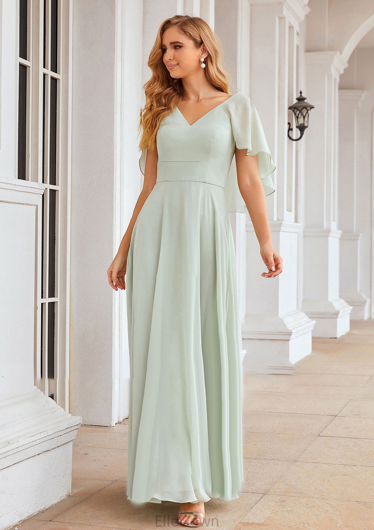 A-line V Neck Short Sleeve Long/Floor-Length Chiffon Bridesmaid Dresses Kenley DEP0025376