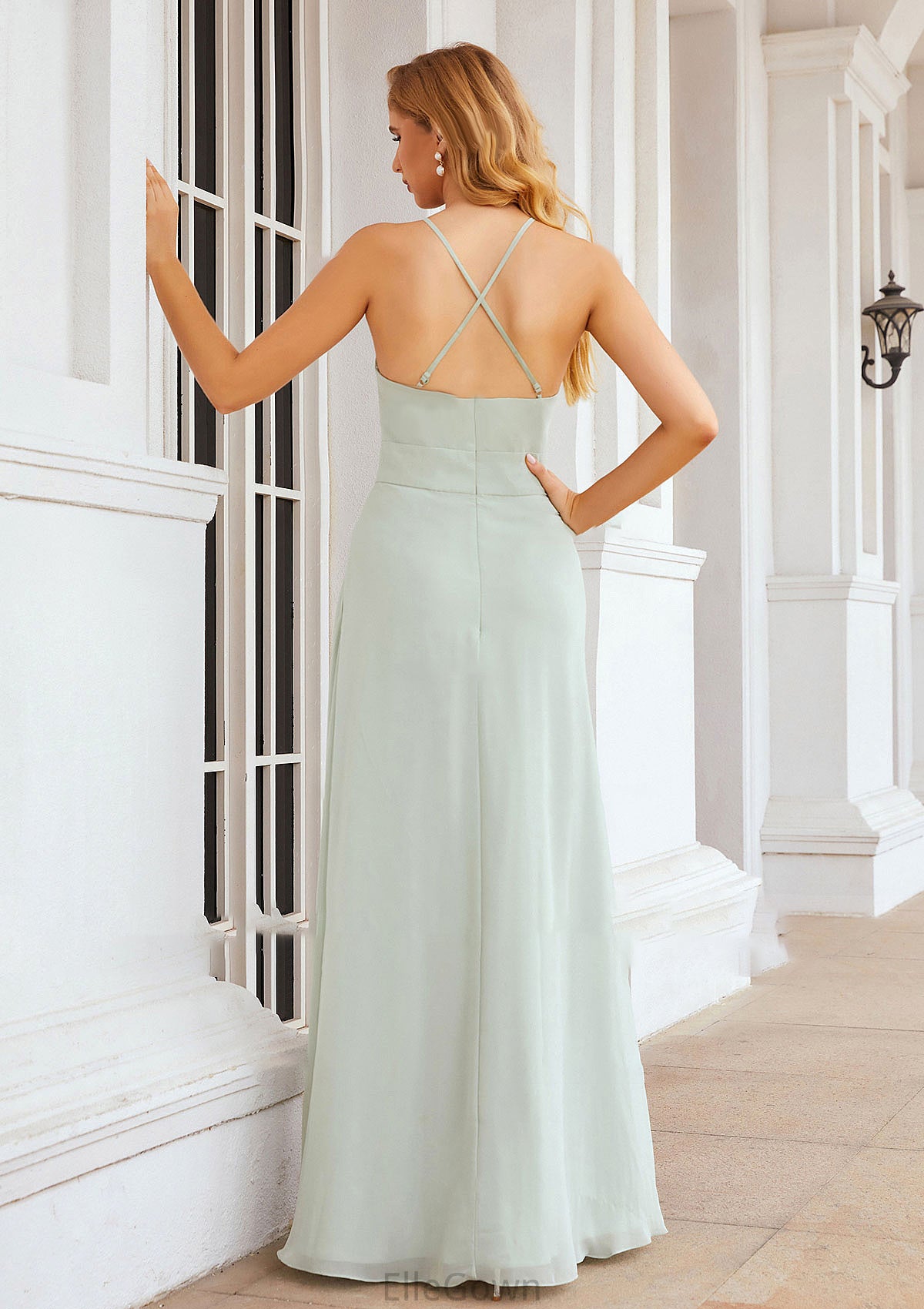 A-line Scoop Neck Sleeveless Long/Floor-Length Chiffon Bridesmaid Dresses With Pleated Pockets Margery DEP0025378