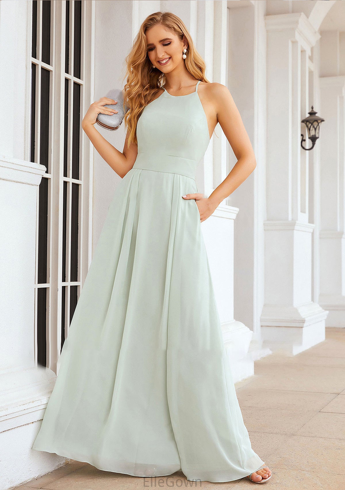 A-line Scoop Neck Sleeveless Long/Floor-Length Chiffon Bridesmaid Dresses With Pleated Pockets Margery DEP0025378