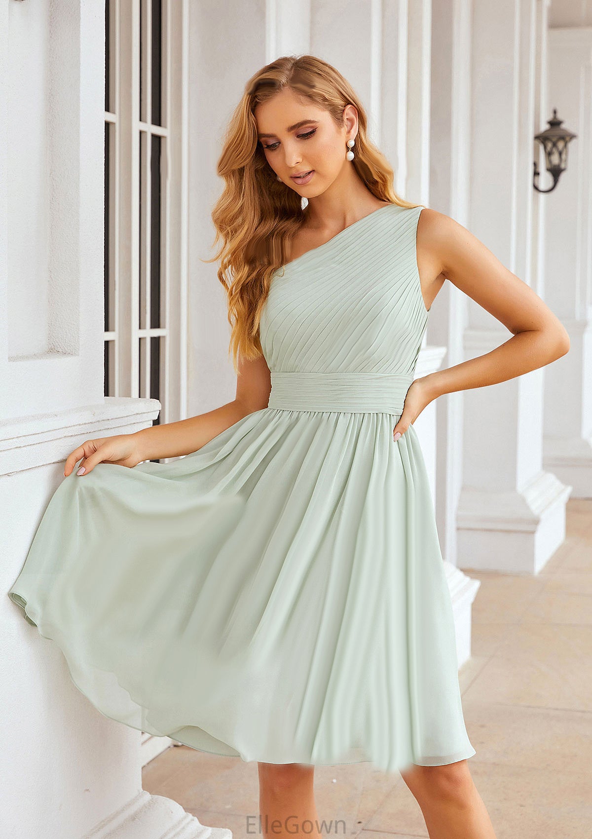 A-line One-Shoulder Sleeveless Chiffon Knee-Length Bridesmaid Dresses With Pleated Ireland DEP0025379