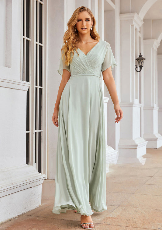 A-line V Neck Short Sleeve Chiffon Long/Floor-Length Bridesmaid Dresses With Pleated Waistband Reina DEP0025381