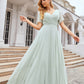 A-line V Neck Short Sleeve Chiffon Long/Floor-Length Bridesmaid Dresses With Pleated Waistband Reina DEP0025381