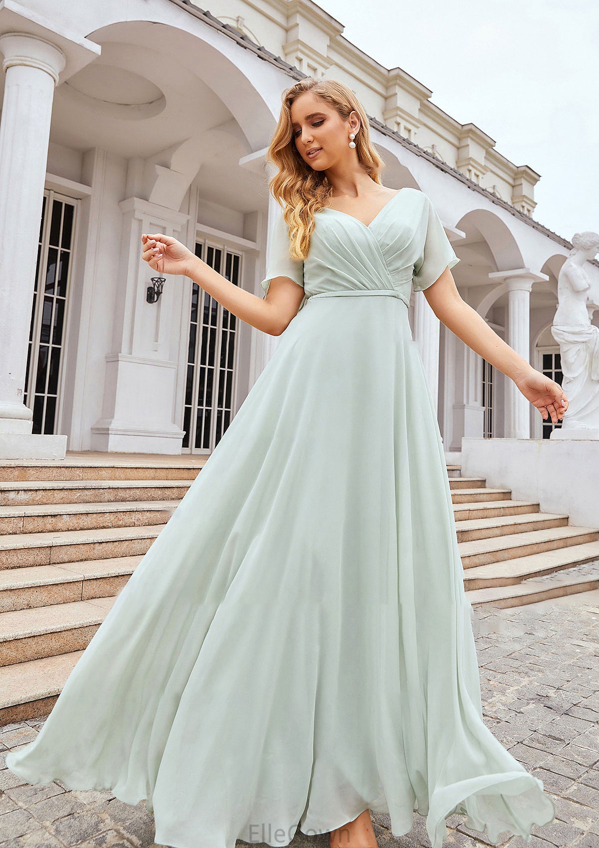 A-line V Neck Short Sleeve Chiffon Long/Floor-Length Bridesmaid Dresses With Pleated Waistband Reina DEP0025381