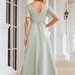 A-line V Neck Short Sleeve Chiffon Long/Floor-Length Bridesmaid Dresses With Pleated Waistband Reina DEP0025381