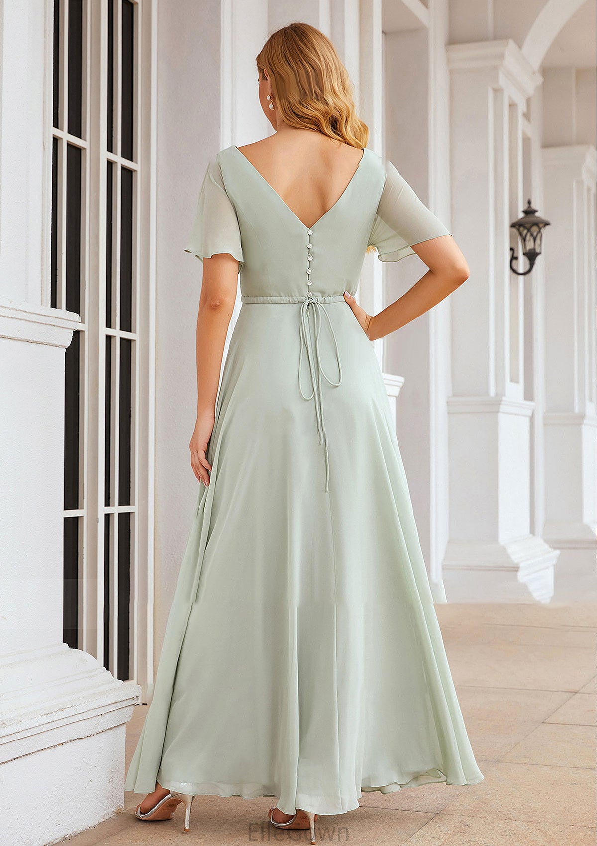 A-line V Neck Short Sleeve Chiffon Long/Floor-Length Bridesmaid Dresses With Pleated Waistband Reina DEP0025381