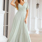 A-line V Neck Short Sleeve Chiffon Long/Floor-Length Bridesmaid Dresses With Pleated Waistband Reina DEP0025381