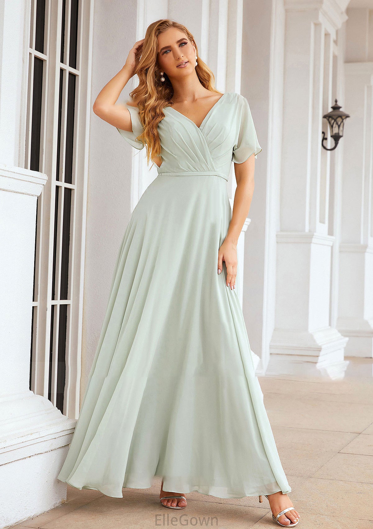 A-line V Neck Short Sleeve Chiffon Long/Floor-Length Bridesmaid Dresses With Pleated Waistband Reina DEP0025381