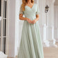 A-line V Neck Short Sleeve Chiffon Long/Floor-Length Bridesmaid Dresses With Pleated Waistband Reina DEP0025381