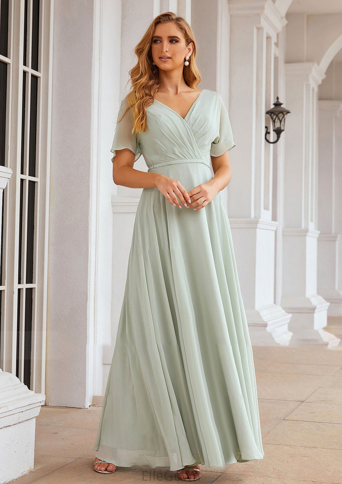 A-line V Neck Short Sleeve Chiffon Long/Floor-Length Bridesmaid Dresses With Pleated Waistband Reina DEP0025381