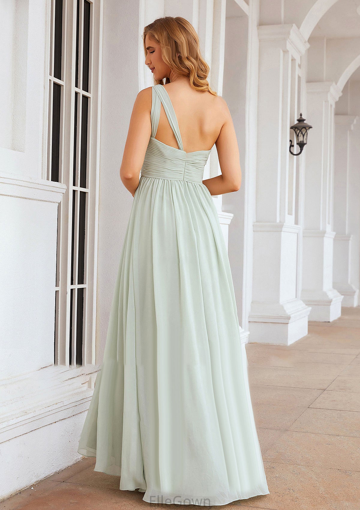 A-line One-Shoulder Sleeveless Chiffon Long/Floor-Length Bridesmaid Dresses With Pleated Anna DEP0025382