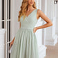 A-line V Neck Sleeveless Chiffon Knee-Length Bridesmaid Dresses With Pleated Waistband Dayanara DEP0025383