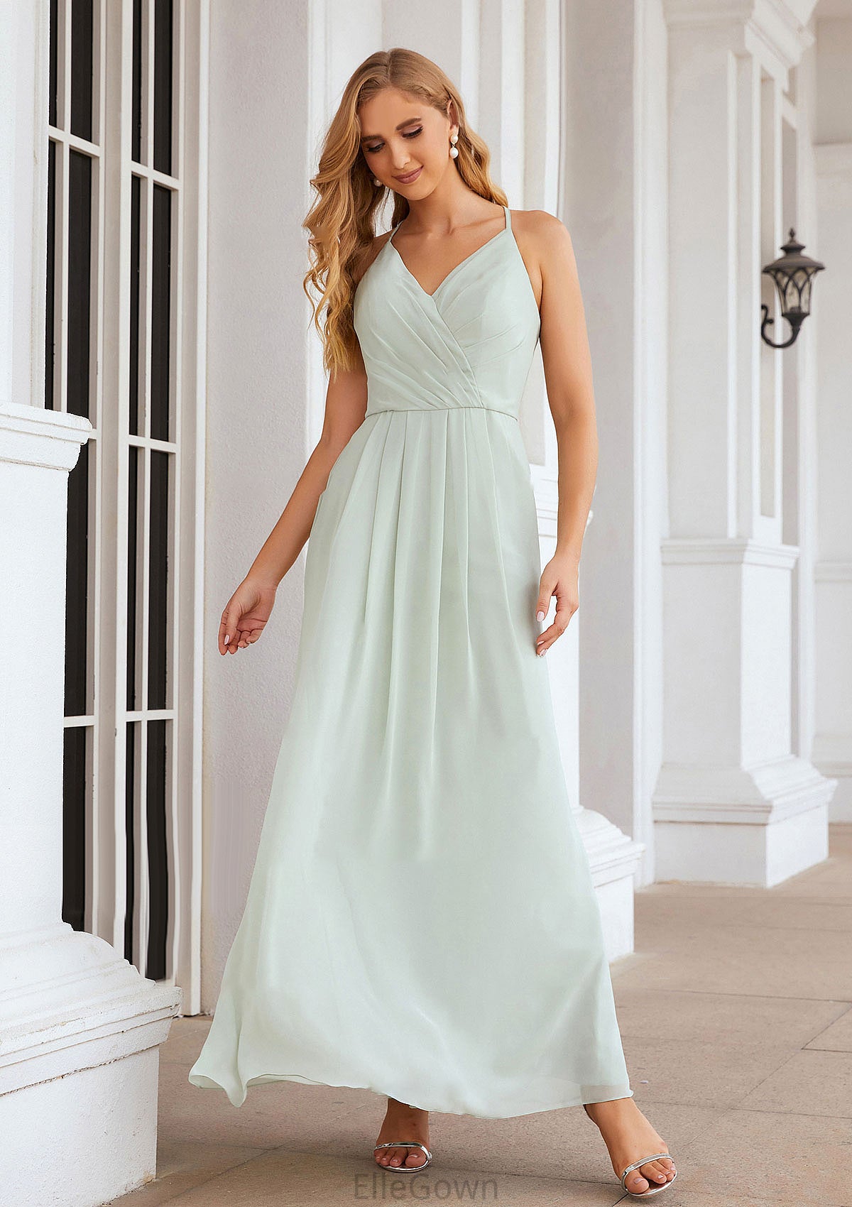 A-line V Neck Sleeveless Chiffon Long/Floor-Length Bridesmaid Dresses With Pleated Haven DEP0025385