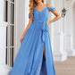 A-line V Neck Sleeveless Chiffon Long/Floor-Length Bridesmaid Dresses With Pleated Waistband Split Madge DEP0025387