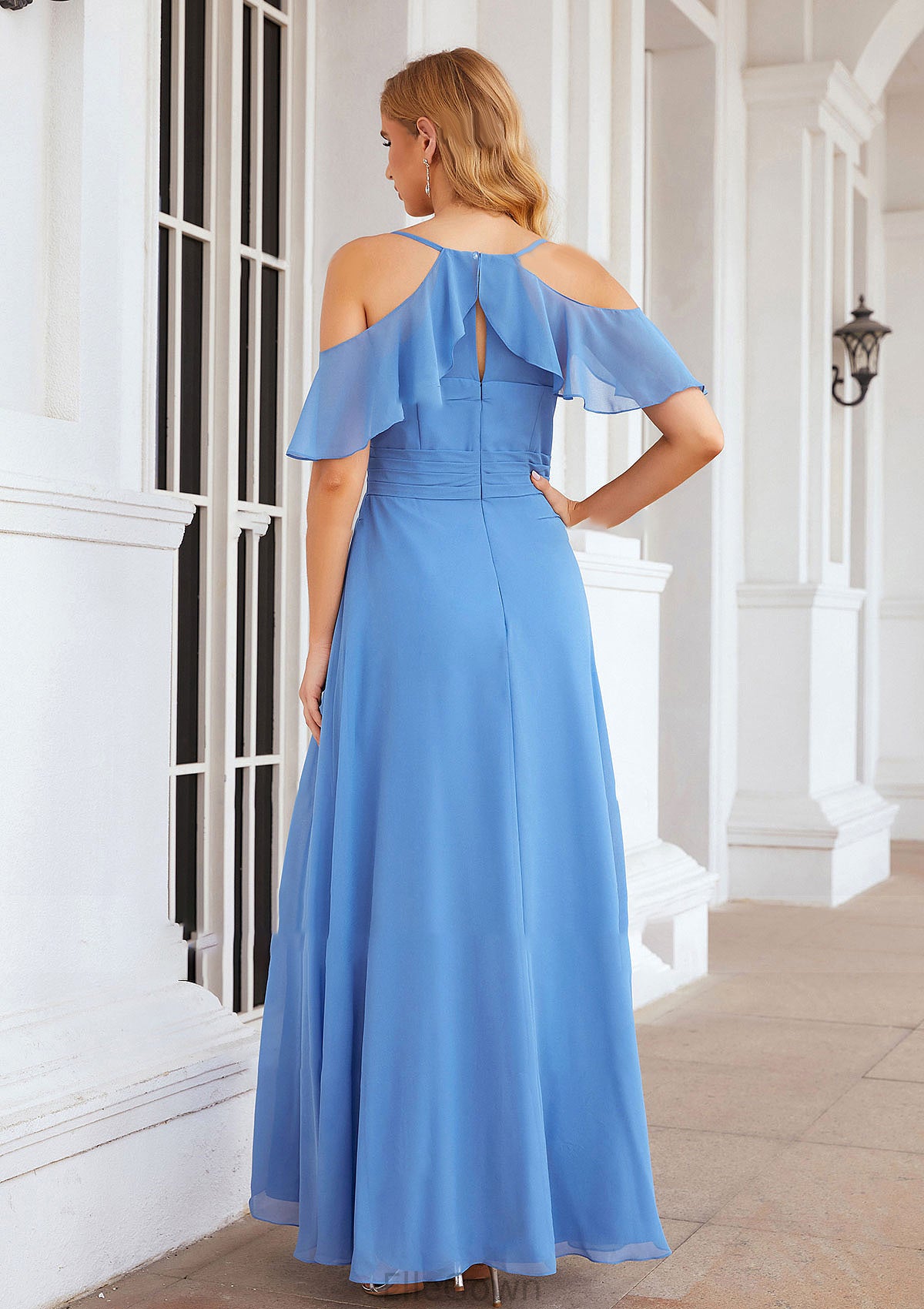 A-line V Neck Sleeveless Chiffon Long/Floor-Length Bridesmaid Dresses With Pleated Split Dana DEP0025388