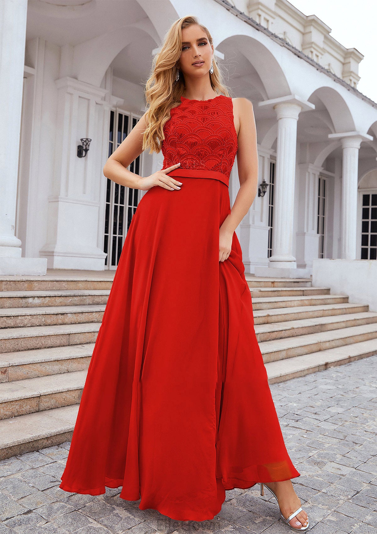 A-line Empire Scalloped Neck Sleeveless Chiffon Long/Floor-Length Bridesmaid Dresses With Beading Sequins Teresa DEP0025392