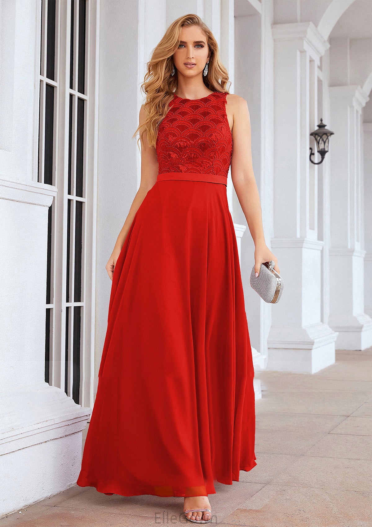 A-line Empire Scalloped Neck Sleeveless Chiffon Long/Floor-Length Bridesmaid Dresses With Beading Sequins Teresa DEP0025392